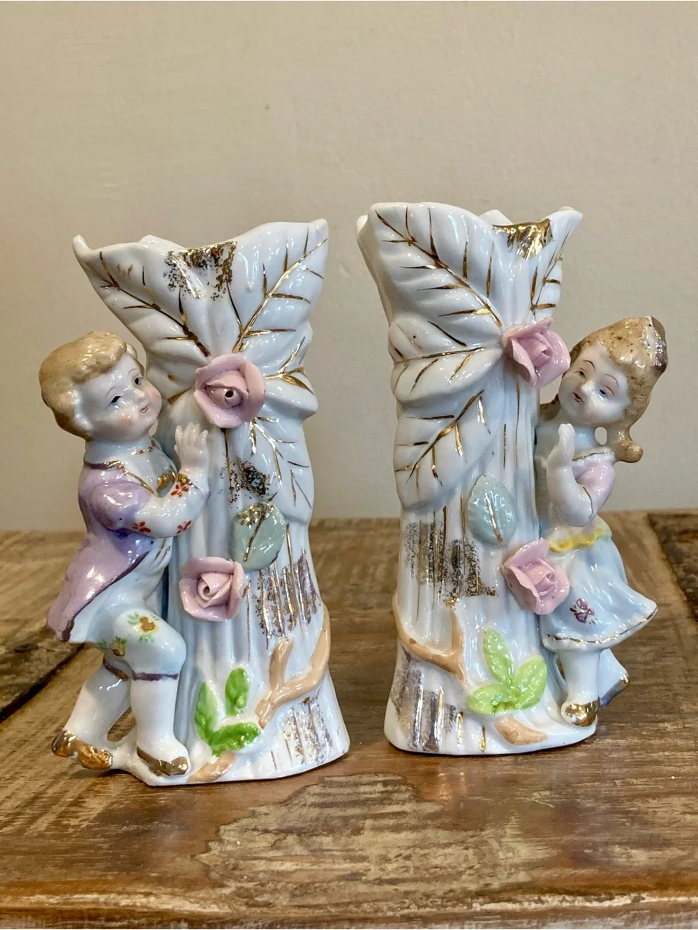 Pair of Boy & Girl Floral Mantel Vases in White & Gold Roses